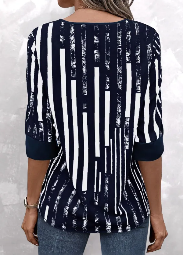 Navy Patchwork Striped 3/4 Sleeve Split Neck Blouse