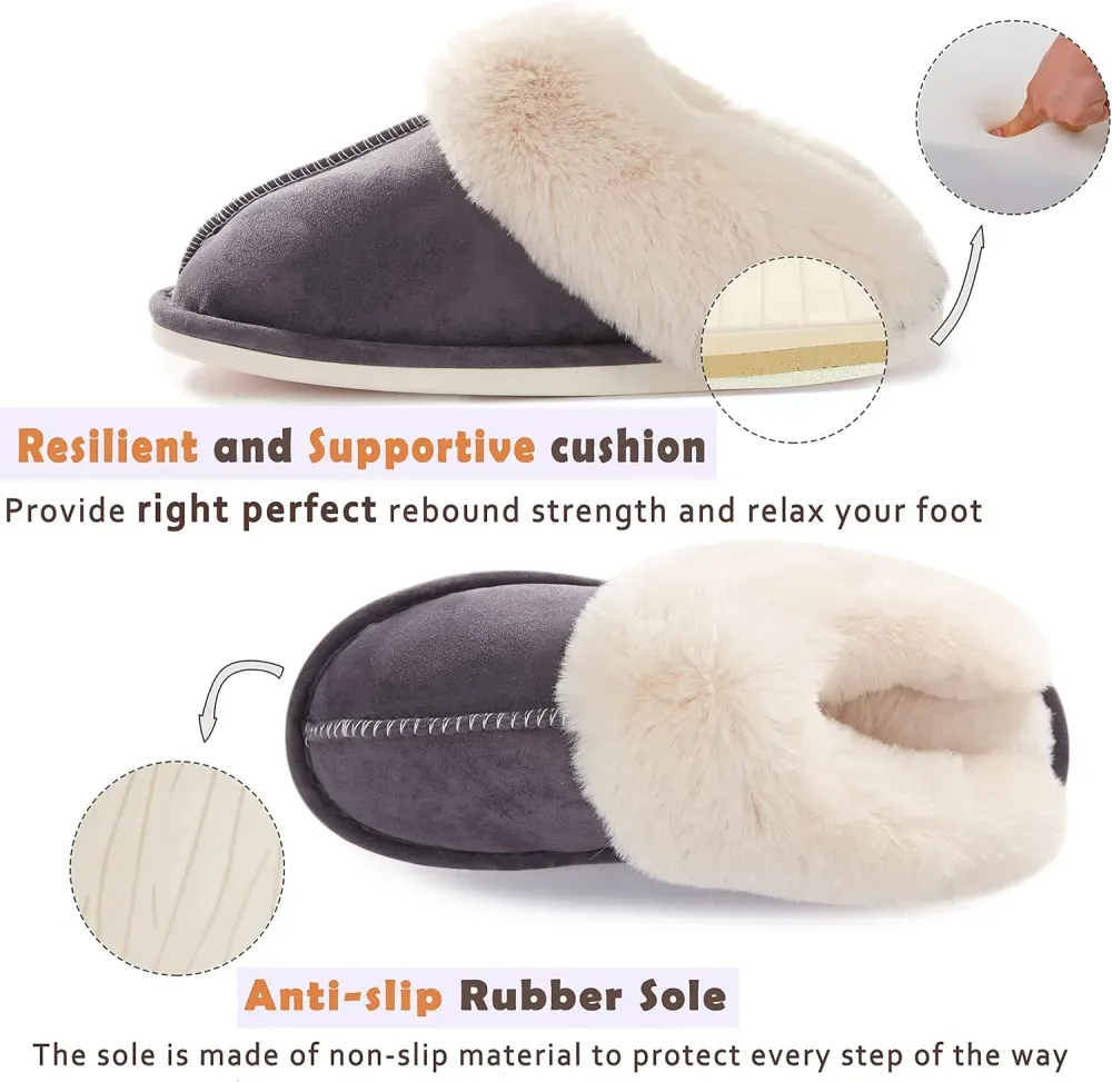 Womens Slipper with Memory Foam Fluffy Soft Warm Slip On House Slippers Anti-Skid Cozy Plush for Indoor Outdoor