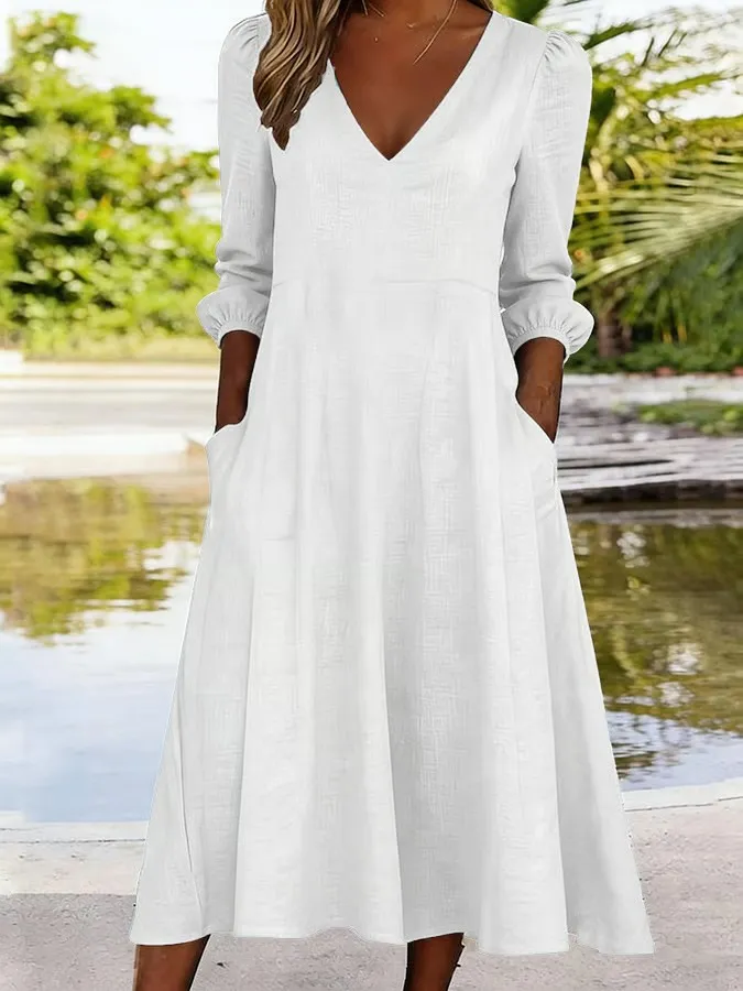 Women's Casual Solid Color V-Neck Cotton And Linen Dress