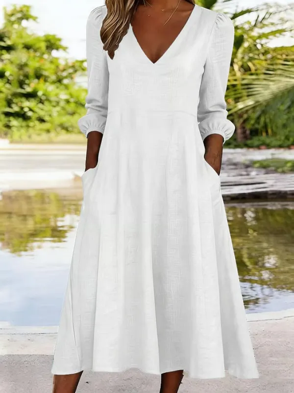 Women's Casual Solid Color V-Neck Cotton And Linen Dress