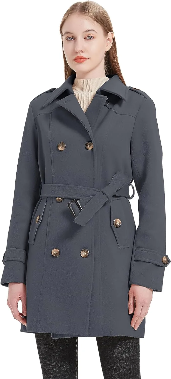 Women's Double Breasted Pea Coat Winter Mid-Long Trench Coat with Belt
