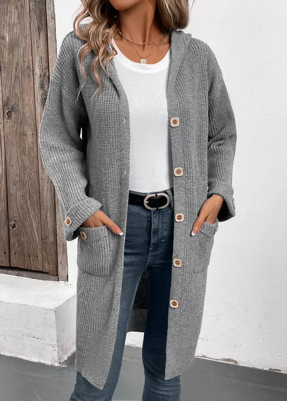 Grey Button Long Sleeve V Neck Cardigan