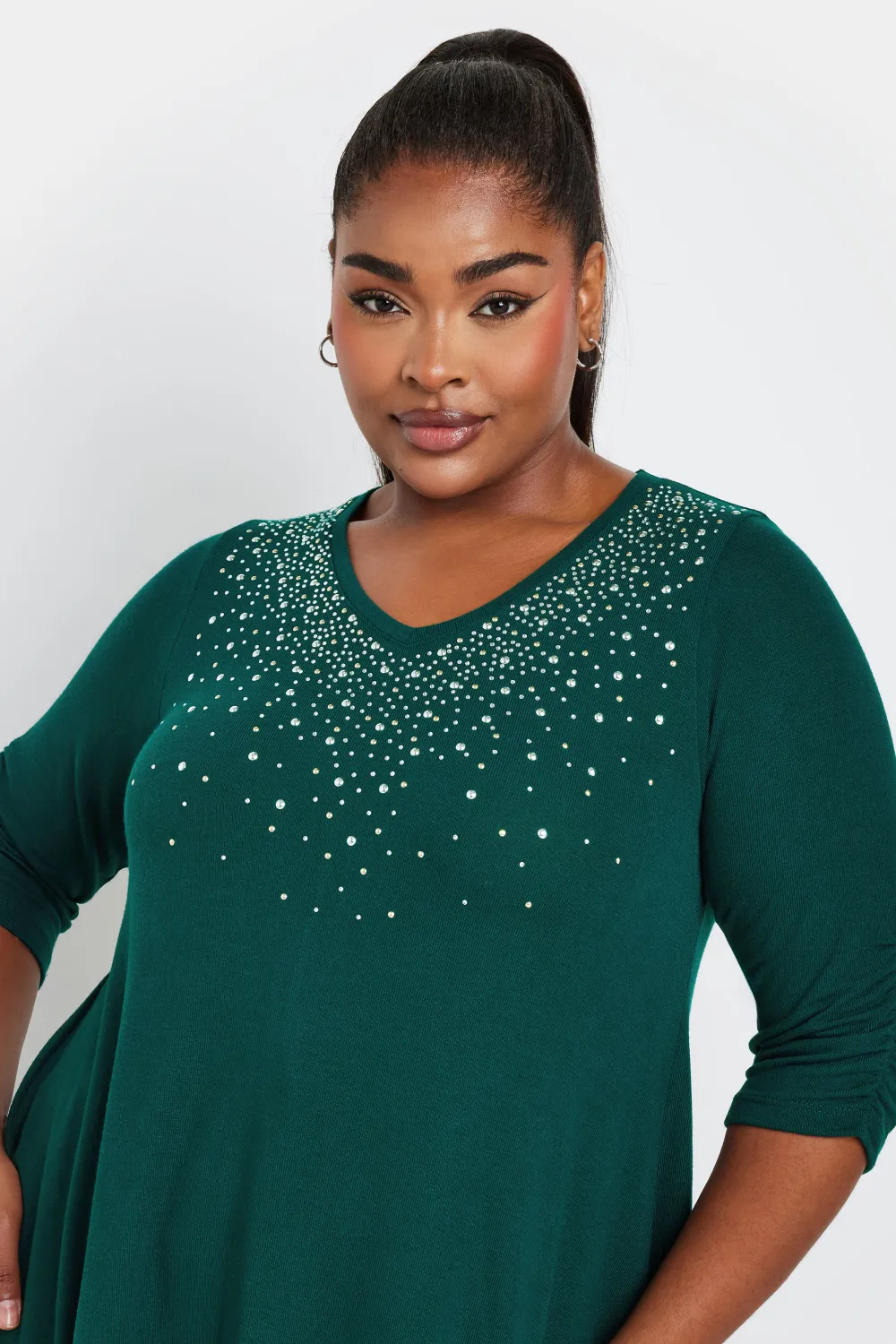 YOURS Curve Forest Green Diamante Stud Swing Top