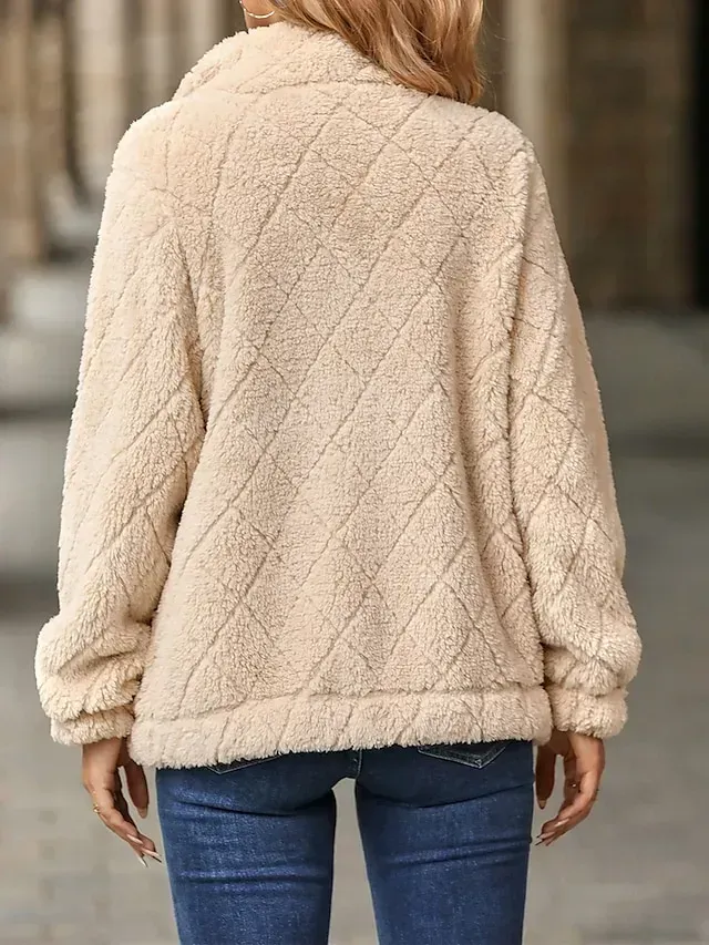 Women's Fleece Jacket Sherpa Jacket Teddy Coat Windproof Warm Outdoor Street Daily Wear Vacation Zipper Pocket Zipper Turndown Plush Modern Casual Street Style Plain Regular Fit Outerwear Long Sleeve