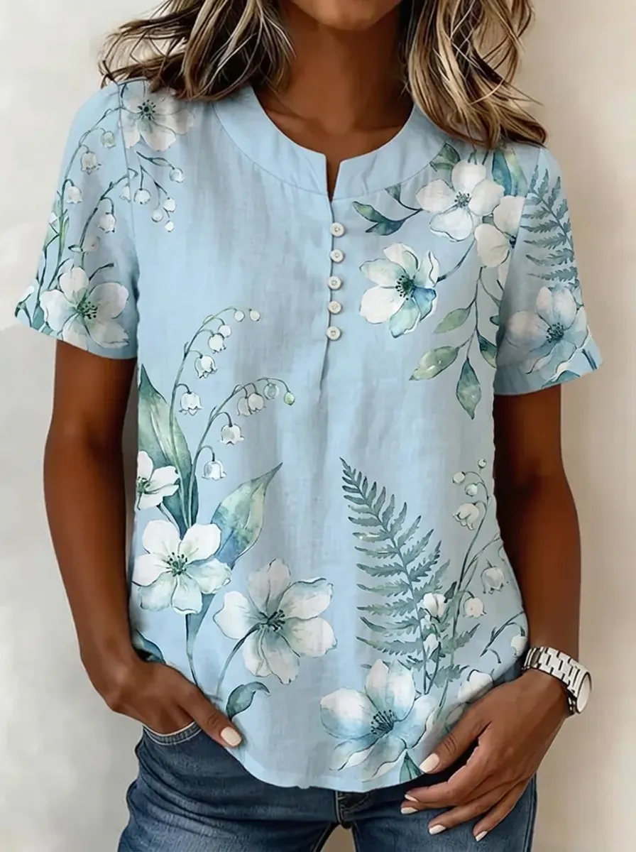 Women's Nashville Floral Lily Fern Printed Button-Up Top