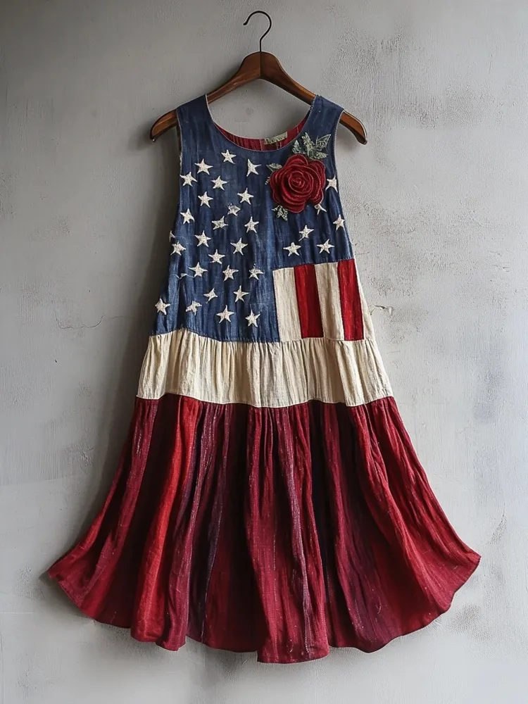 Vintage American Flag Inspired Rose Embroidered Linen Tank Dress