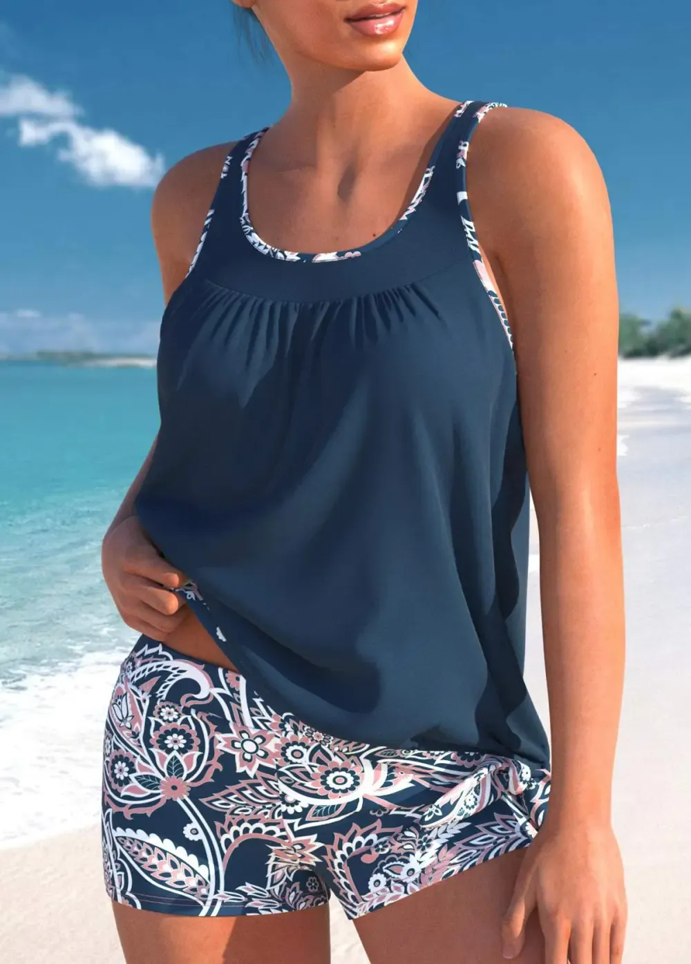 Bowknot Multi Stripe Print Pink Tankini Top