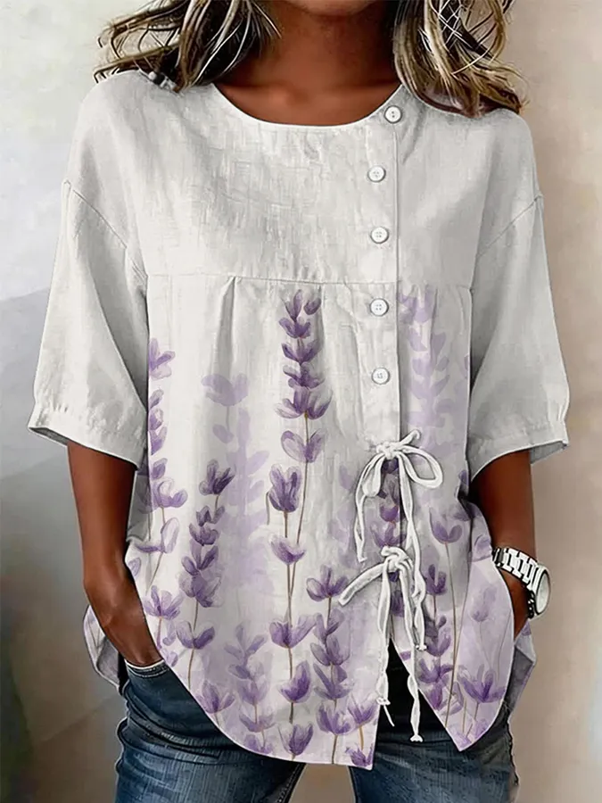 Women'S Art Flower Flax Printed Tie Rope Design Round Neck Shirt
