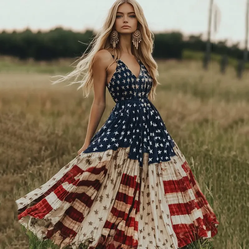 Women's Vintage Independence Day Flag Sleeveless Casual Maxi Dress