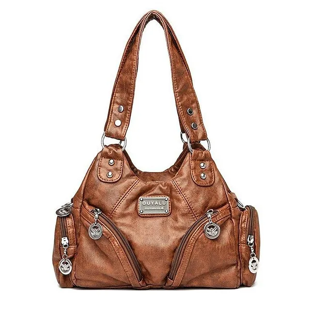 Women's Shoulder Bag Hobo Bag PU Leather Daily Rivet Zipper Solid Color Vintage Black Wine Brown