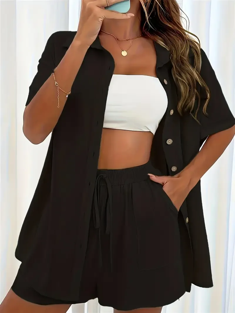 Women's Shirt and Shorts Solid Color Pocket Tie Simple Fashion Two-piece Set