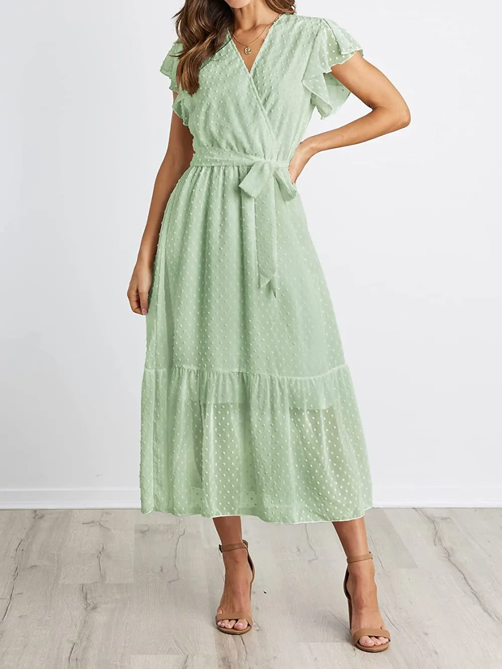 Women Summer Bohemian Floral Casual Wrap V Neck Ruffle Cap Sleeveless Belt A-Line Pleated Hem Swing Midi Sun Dress