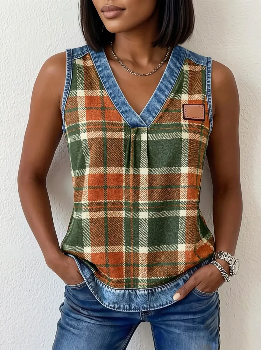 Women's Nashville Country Style Plaid Denim Trimmed Sleeveless Top