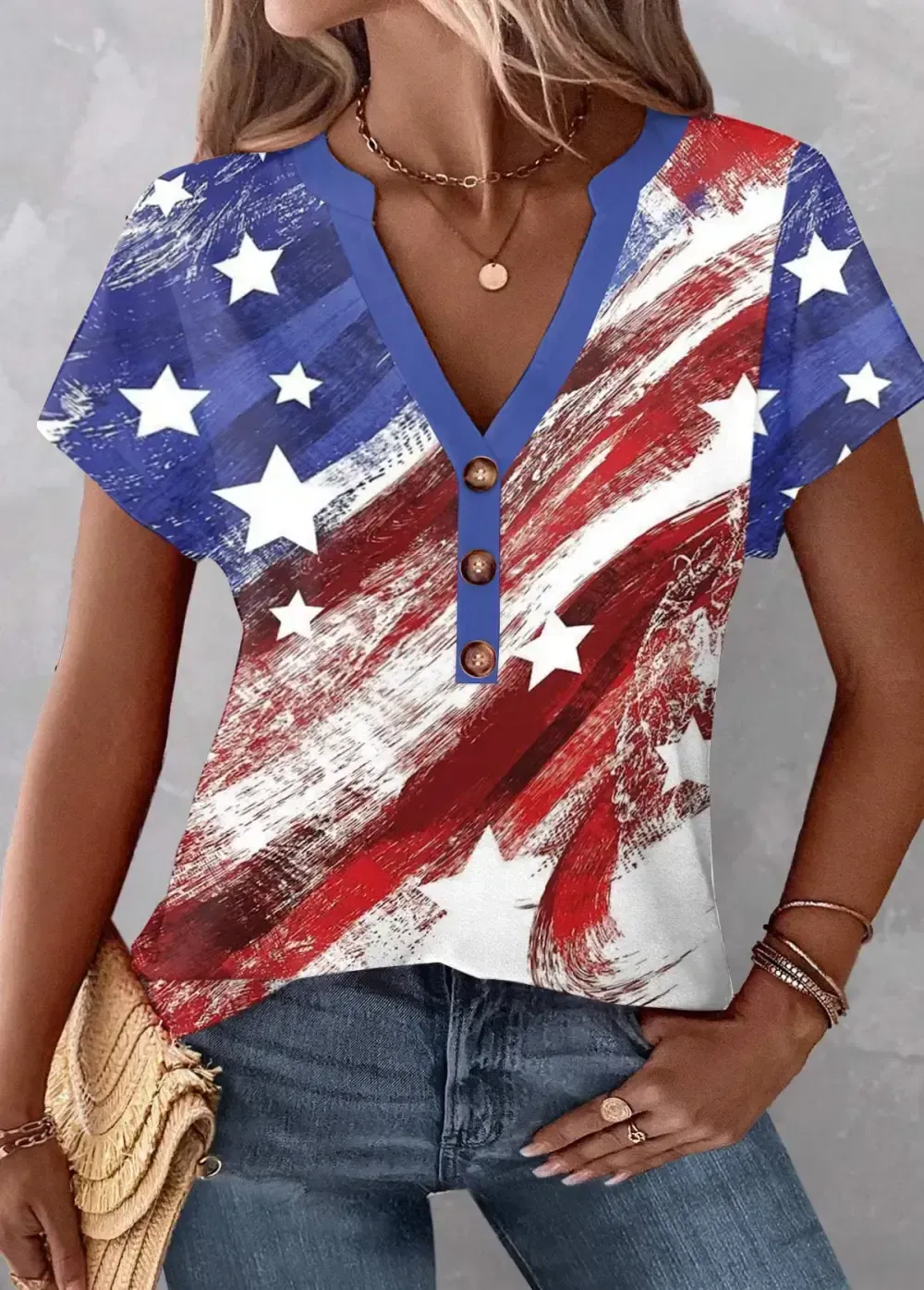 Multi Color Button Flag Print T Shirt