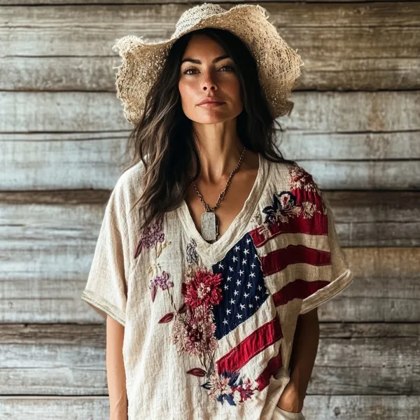 Women's Floral Embroidery Independence Day Flag Short Sleeve V Neck Casual Linen Top
