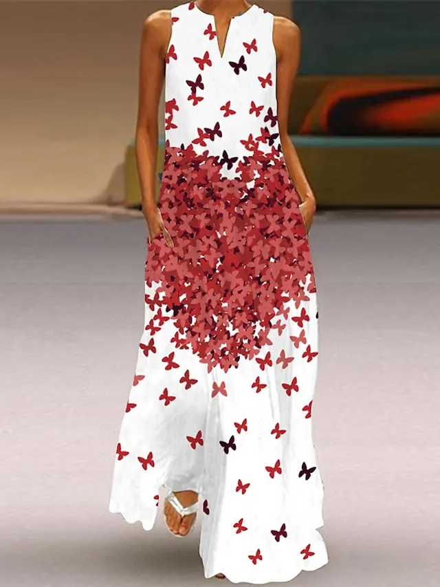 Women's Long Dress Maxi Dress Casual Dress Print Dress Outdoor Holiday Vacation  Print Sleeveless V Neck Dress Regular Fit White Red Blue Summer Spring S M L XL XXL（with no pocket)