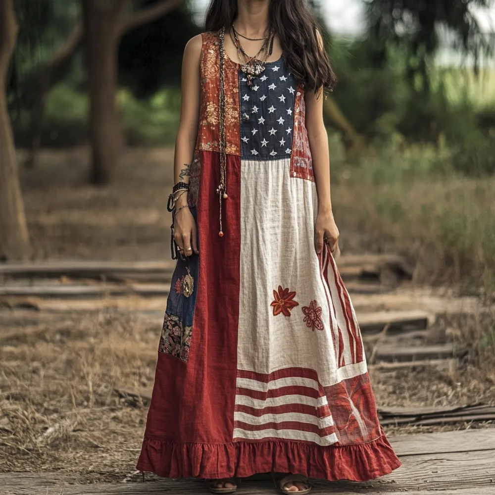 Independence Day Vintage Boho Floral Women's Linen Vest Dress