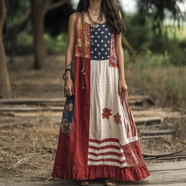 Independence Day Vintage Boho Floral Women's Linen Vest Dress