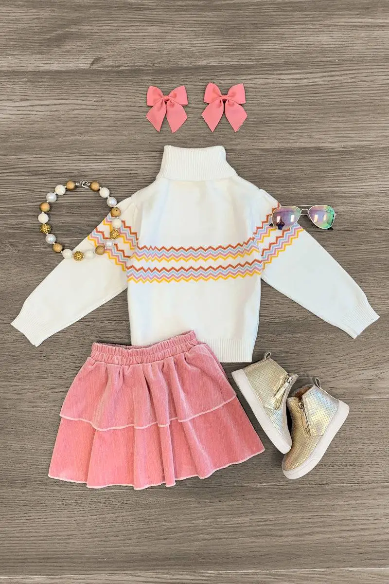 Pink & White Turtleneck Skirt Set