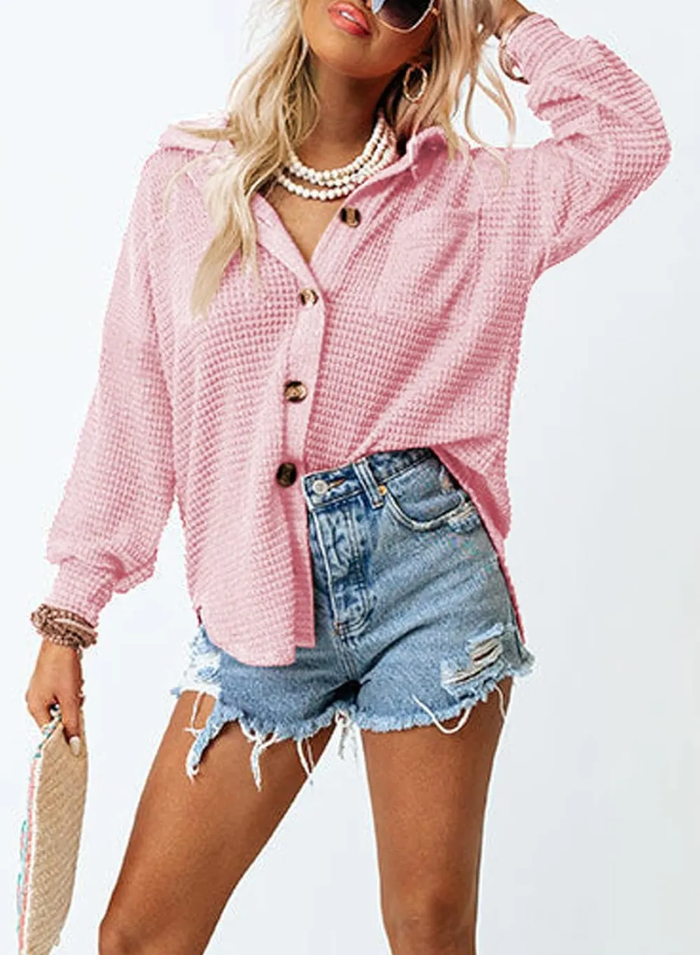 Womens Waffle Knit Button Down Shirts Casual Long Sleeve Shacket Jacket Boyfriend Tops Blouses Loose Fit