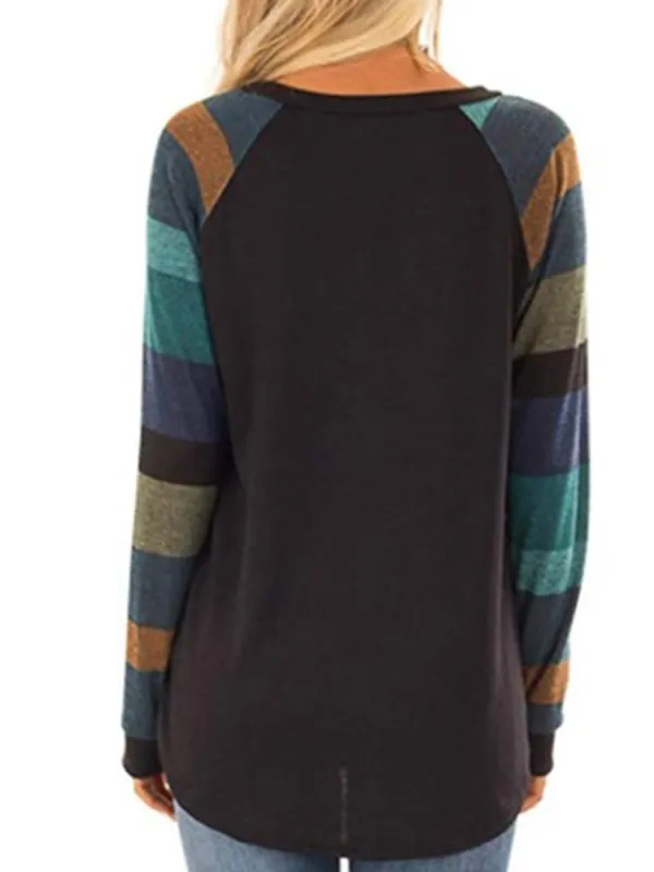 Round Neck  Patchwork  Stripes Long Sleeve T-Shirts