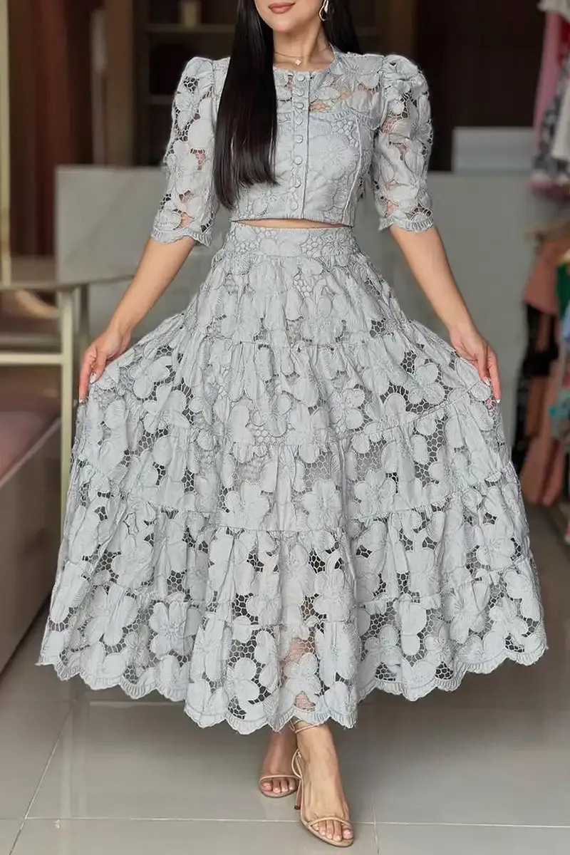 Women's Round Neck Hollow Print Top + Skirt Casual Suit