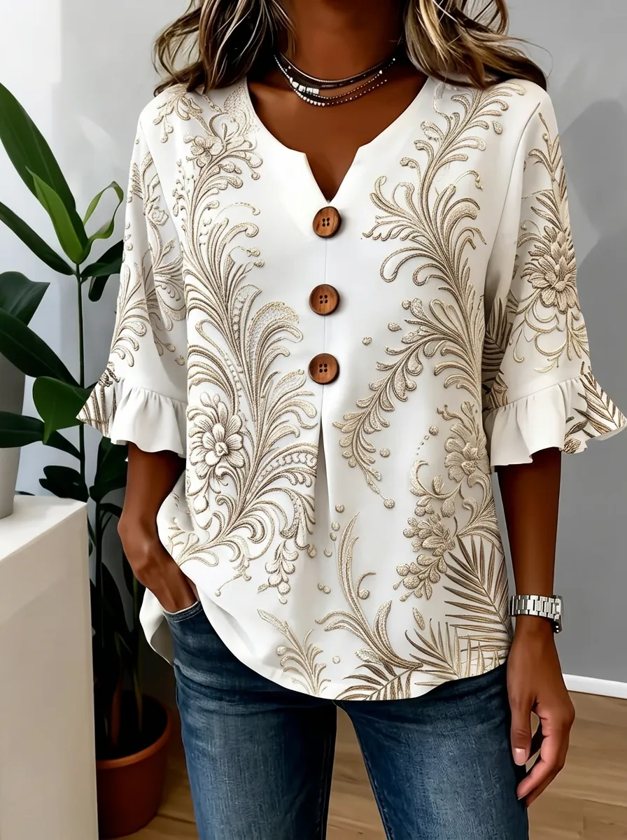 Women's Nashville Floral Gold Print Button V-Neck Printed Top