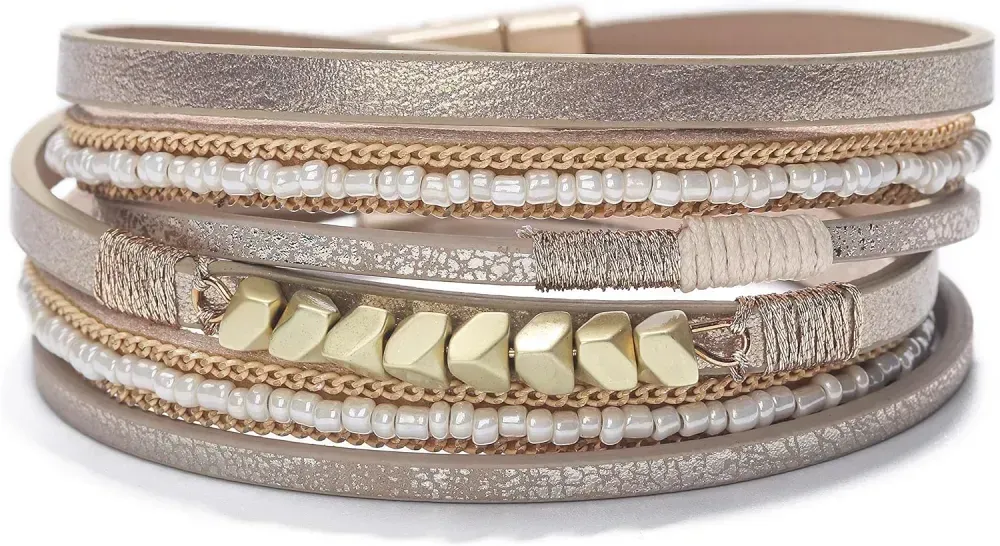 Fesciory Leather Wrap Bracelets for Women, Boho Leopard Multi-Layer Crystal Beads Cuff Bracelet Jewelry