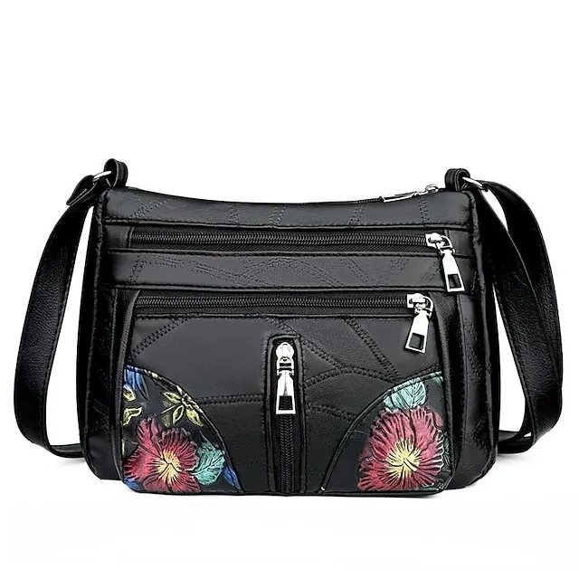 Women's Crossbody Bag Shoulder Bag Hobo Bag PU Leather Outdoor Daily Holiday Embroidery Zipper Large Capacity Waterproof Lightweight Solid Color Flower Folk Black