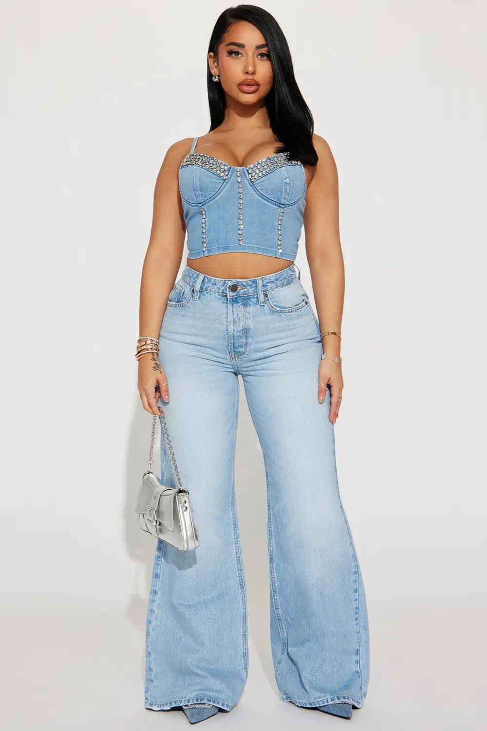 Daria Rhinestone Denim Corset Top - Light Wash