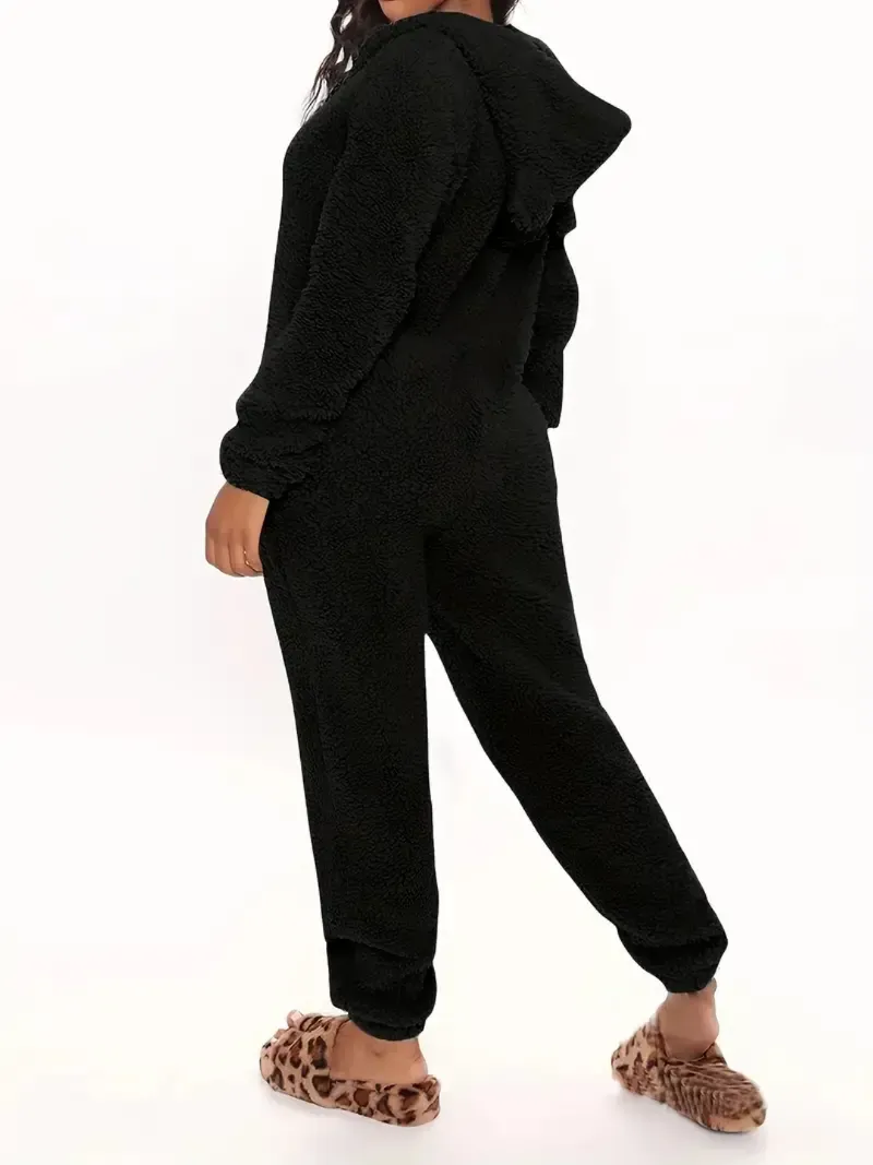 Fuzzy Hooded Pajama Jumpsuit For Music Festival, Comfy & Cute Long Sleeve Zipper Pajamas, Women's Lingerie & Sleepwear
