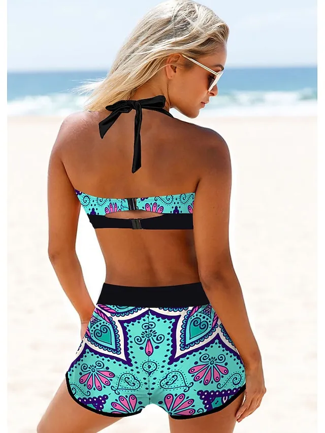 Women's Swimwear Bikini 2 Piece Normal Swimsuit Halter Front Tie Bowknot High Waisted Bow Floral Color Block Blue Halter Blouse Strap Bathing Suits New Fashion Party