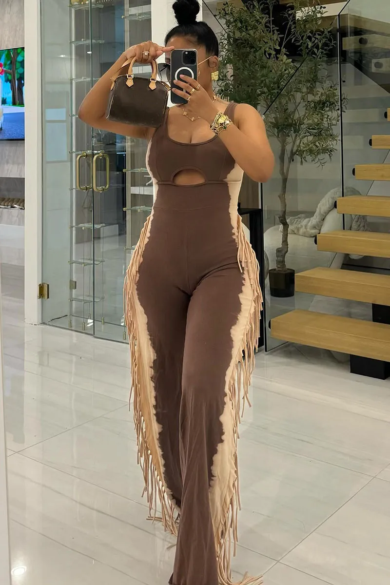 U Neck Cutout Wide Leg Side Fringed Sleeveless Jumpsuit-Grey