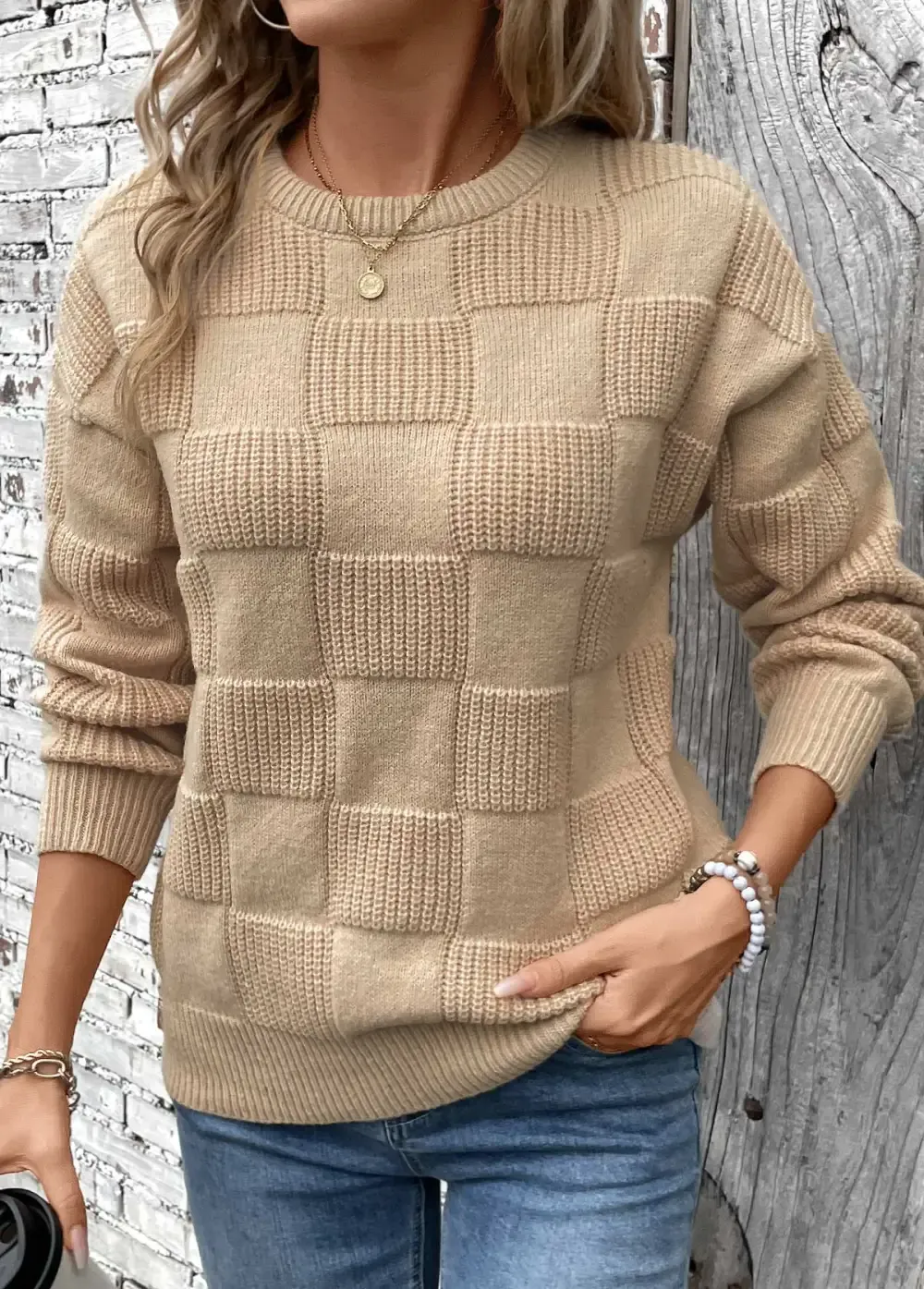 Light Coffee Patchwork Long Sleeve Round Neck Sweater