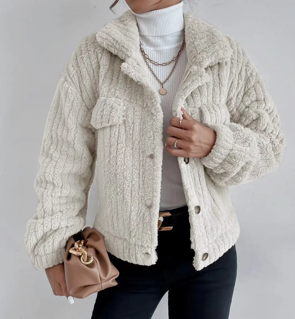 Solid Front Pockets Lapel Plush Coat