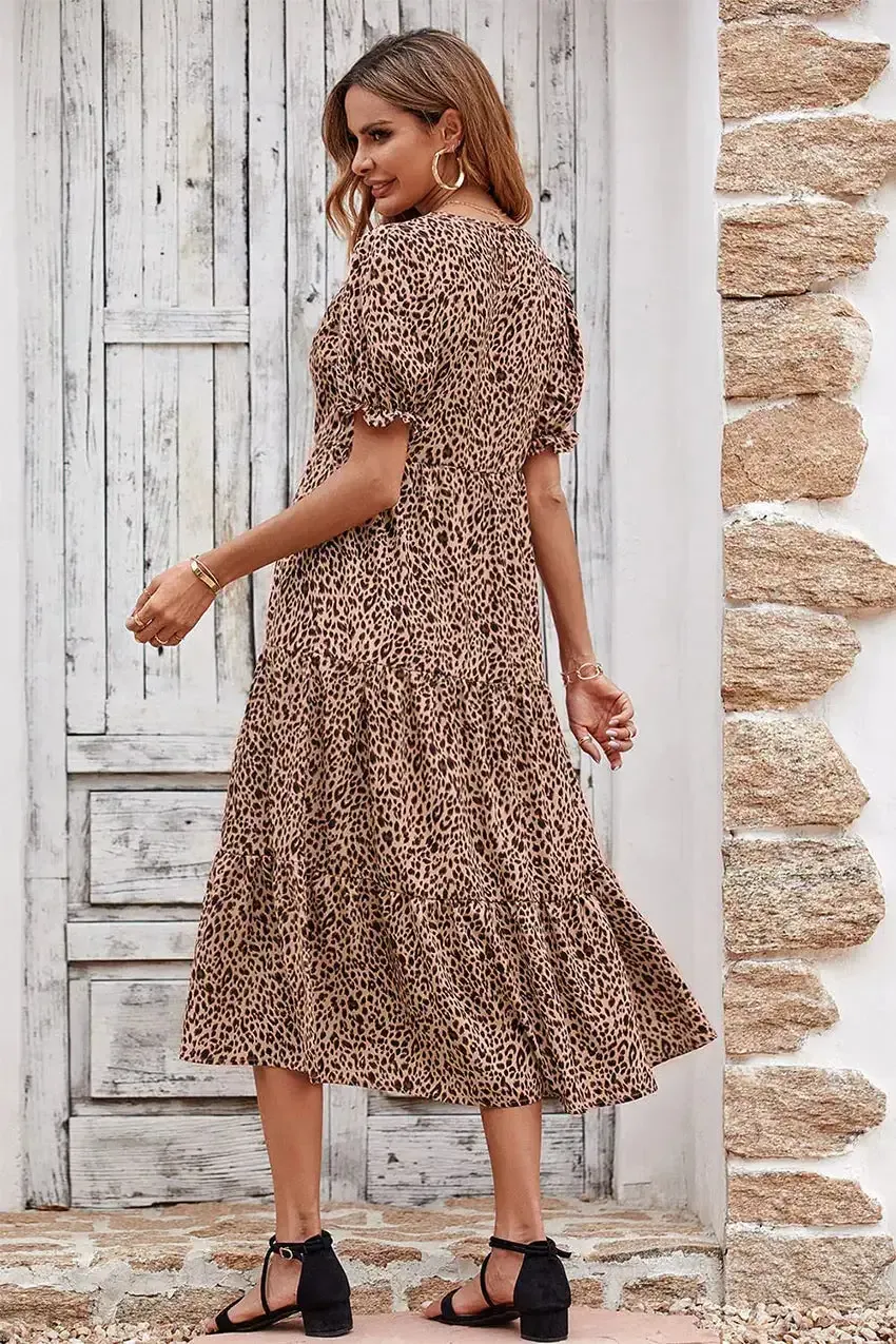 Floral Print Ruffle Puff Sleeve High Waist Midi Dresses