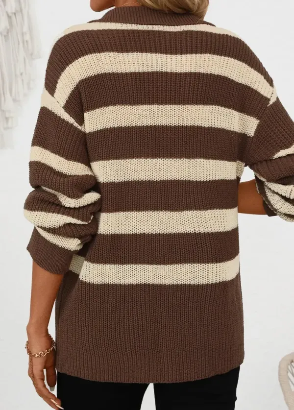 Dark Coffee Button Striped Long Sleeve Shirt Collar Sweater