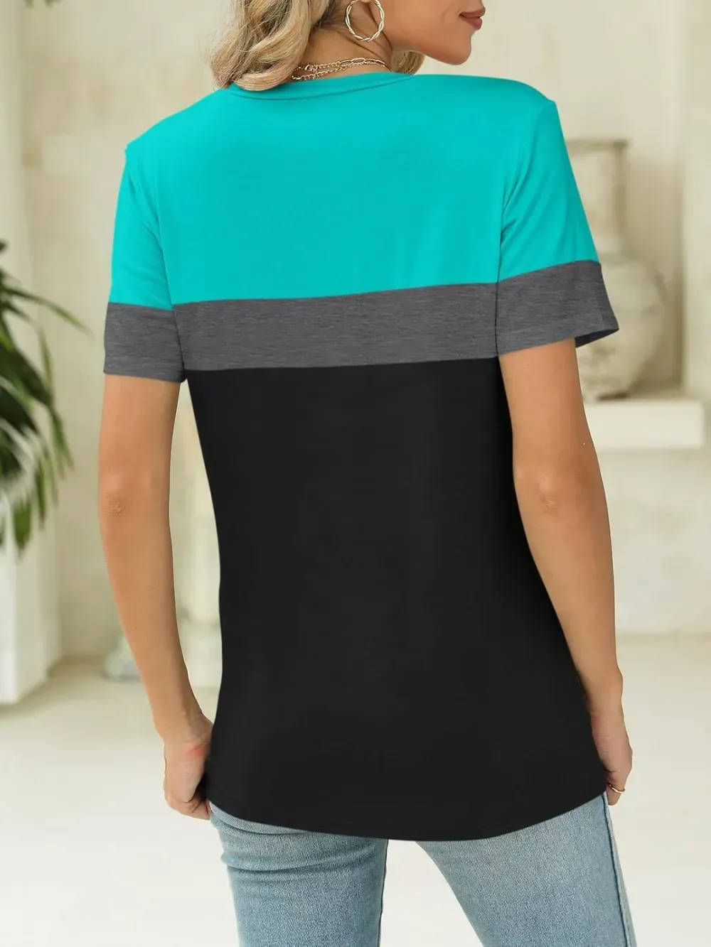 ORANDESIGNE Women's Color Block Short Sleeve T Shirts Casual V Neck Summer Tops Tees Loose Fit Blouses