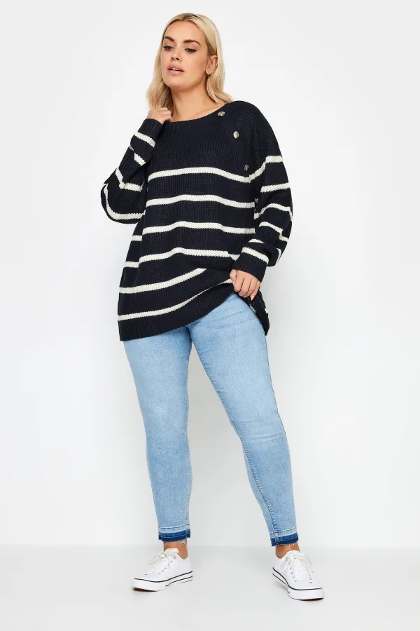 YOURS Curve Ivory White Stripe Button Detail Jumper