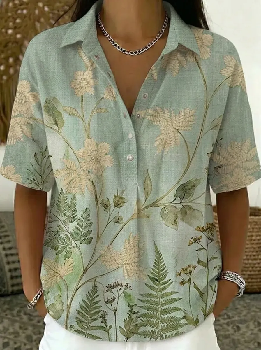 Women's Nashville Botanical Fern Floral Printed V-Neck Shirt