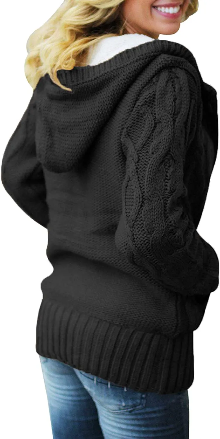 Womens Hooded Cardigans Button Up Cable Knit Sweater Coat Outerwear with Pockets