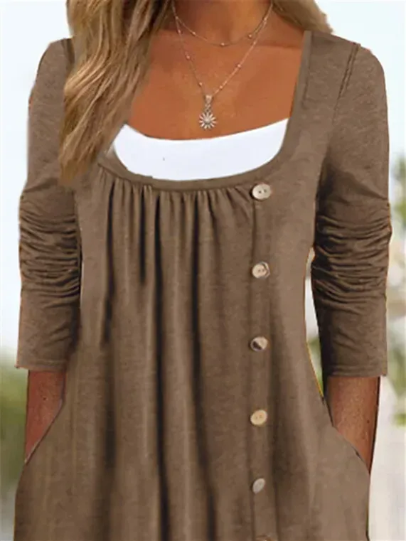 Women's Long Sleeve U-neck Button Midi Dress