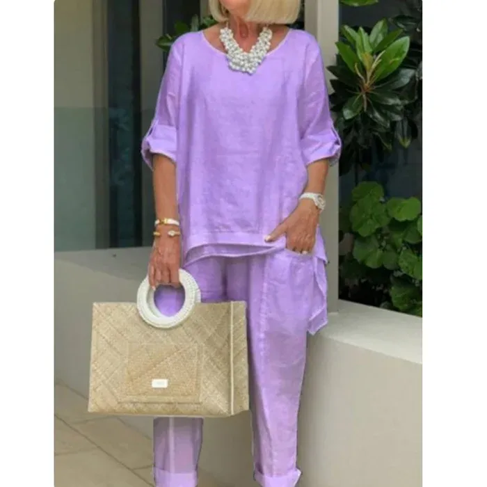 Women's Casual Solid Linen Sleeve Top Slacks Suit