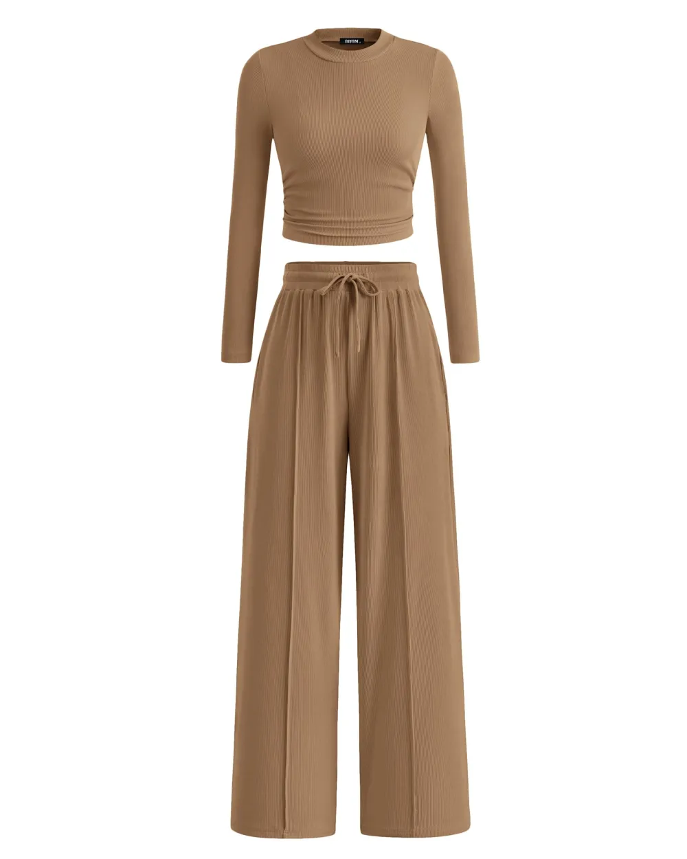 Women's 2-Piece Ribbed Knit Long Sleeve Crop Top Wide Leg Pants Matching Lounge Set Loungewear