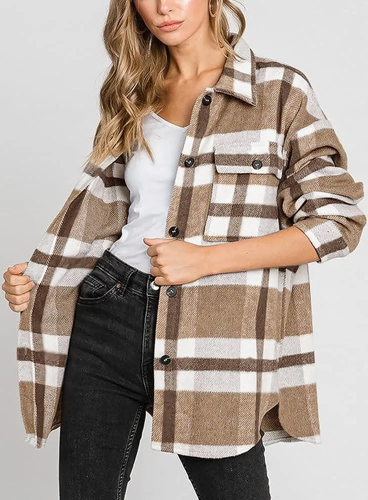 Women's Flannel Plaid Shacket Long Sleeve Button Down Chest Pocketed Shirts Jacket Coats