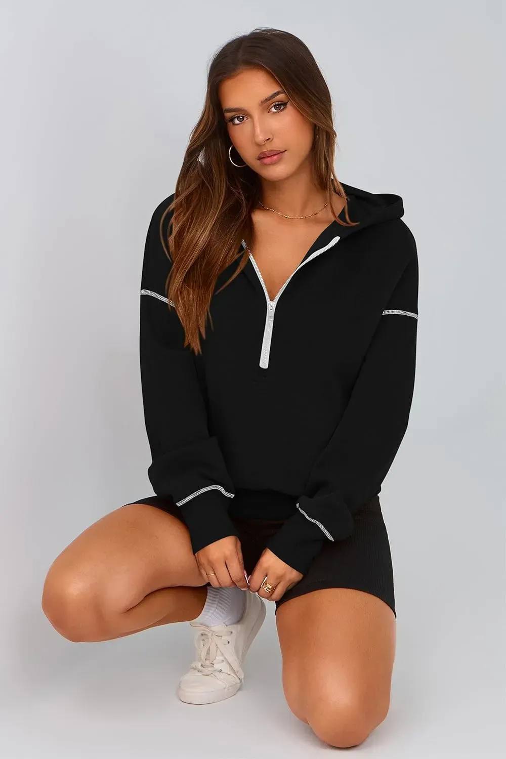 Women's Hooded Sweatshirts Long Sleeve Half Zip Cropped Hoodie Pullover Winter Fashion Clothes