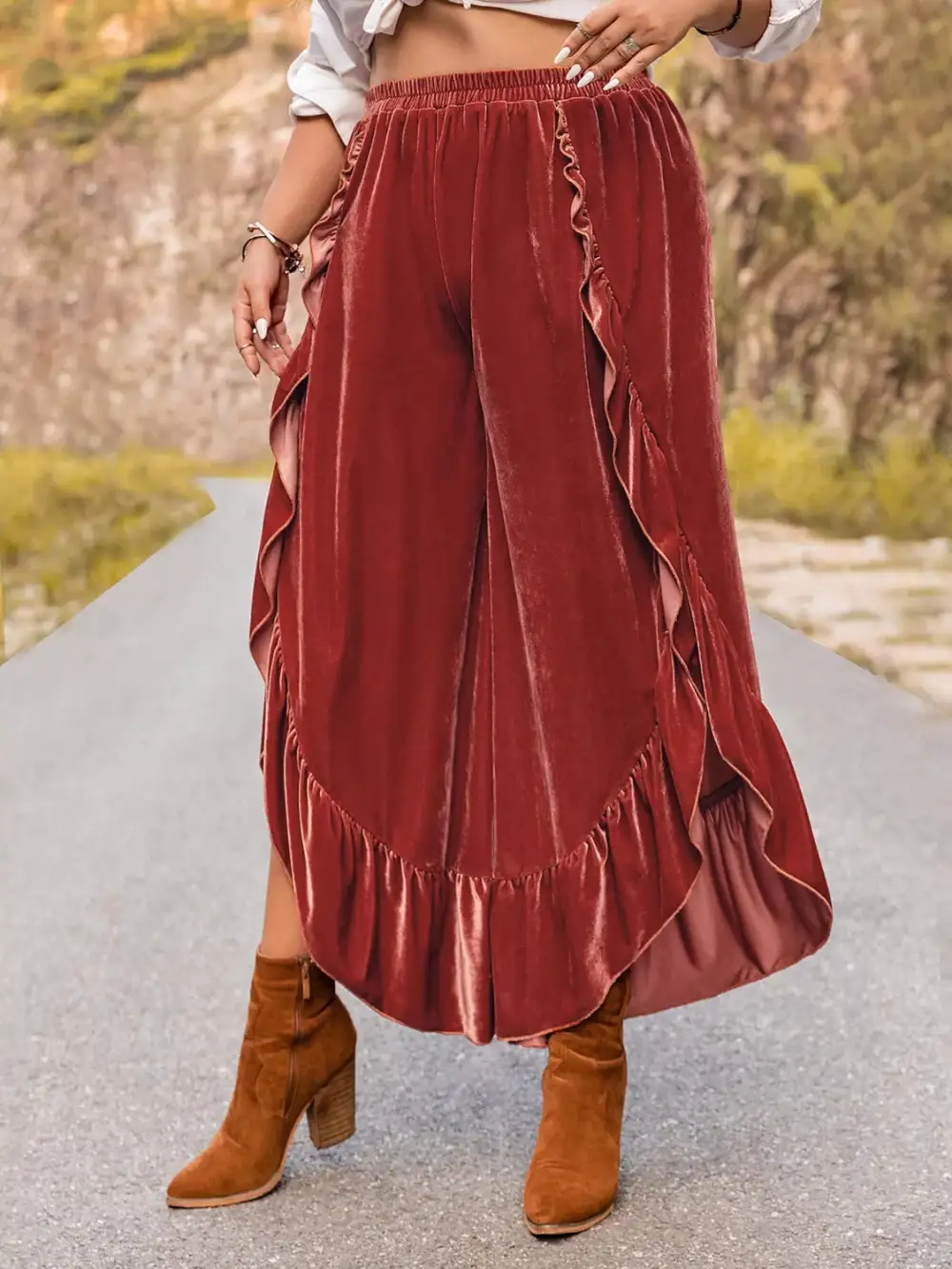 Relaxed Plus Size Velvet Ruffle Hem Wide Leg Pants