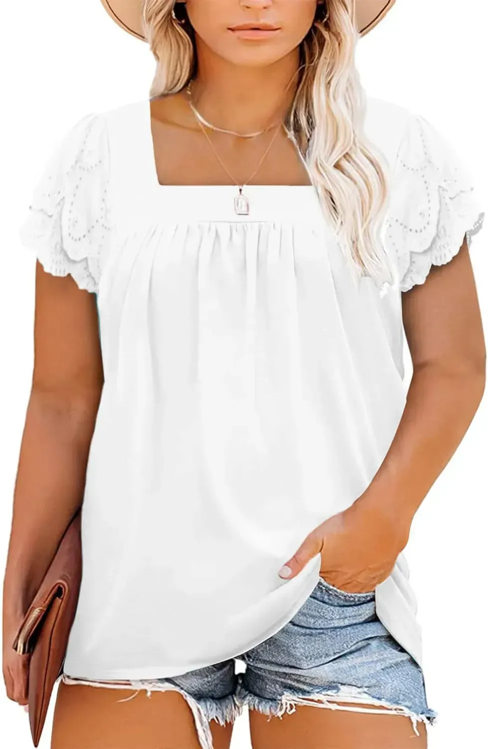 Eytino Womens Plus Size Tops Ruffle Short Sleeve Square Neck Summer Loose Casual Tee Shirts(1X-5X)