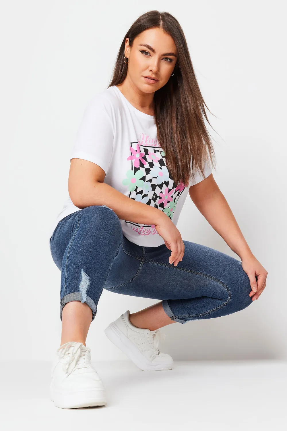 YOURS Curve Mid Wash Blue Ripped Turn Up Cropped GRACE Jeggings