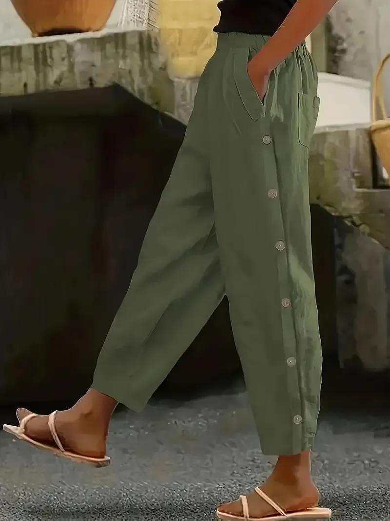 Women's Casual Button-Up Pants with Pockets - Straight Leg Polyester Blend, Brown, Elastic Waistband, All-Season Comfort, Elegant Design for Casual Attire, Cute Pants